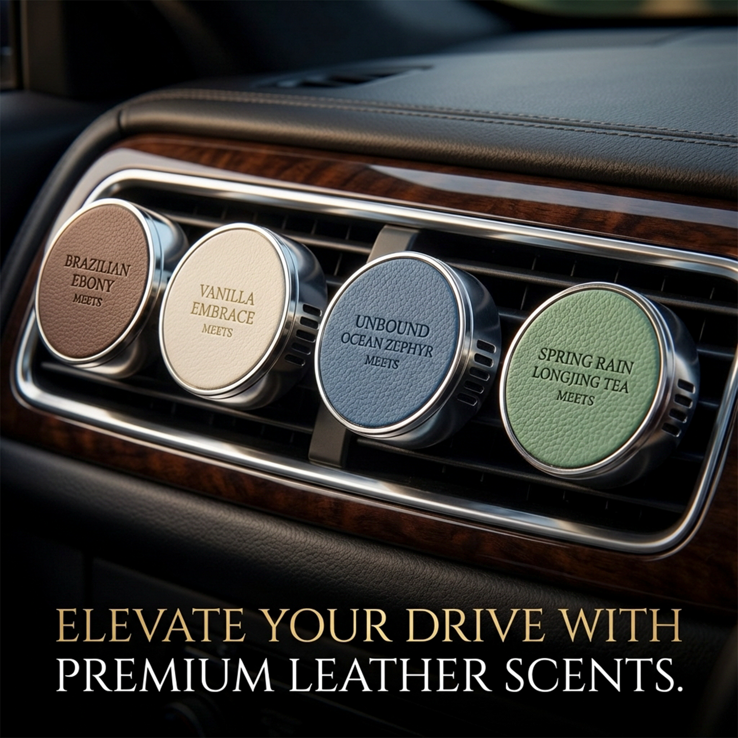 Luxury Car Air Vent Diffuser, Premium Adjustable Aroma Diffuser, Chrome Finish with Leather Top (Color 4)