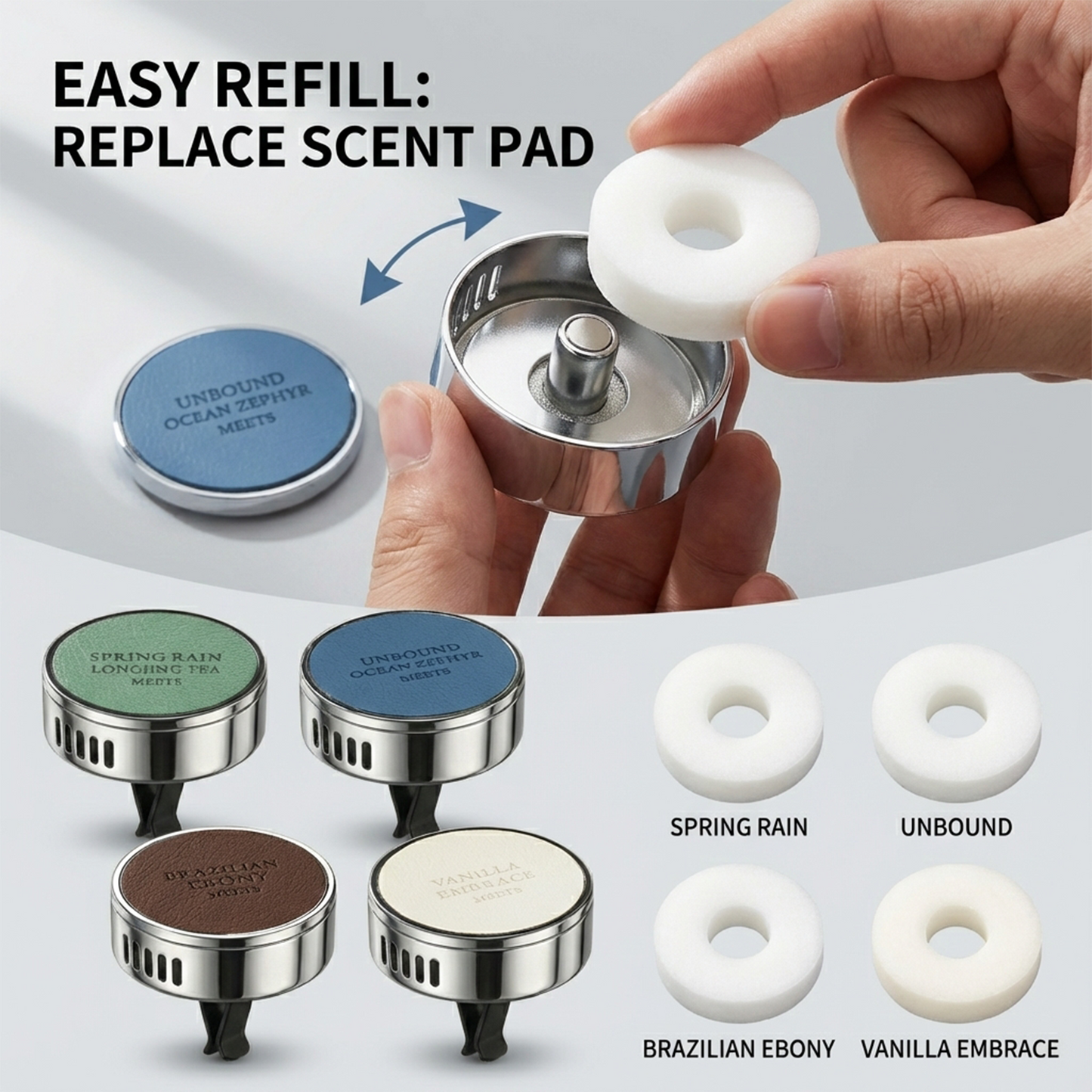 Luxury Car Air Vent Diffuser, Premium Adjustable Aroma Diffuser, Chrome Finish with Leather Top (Color 4)