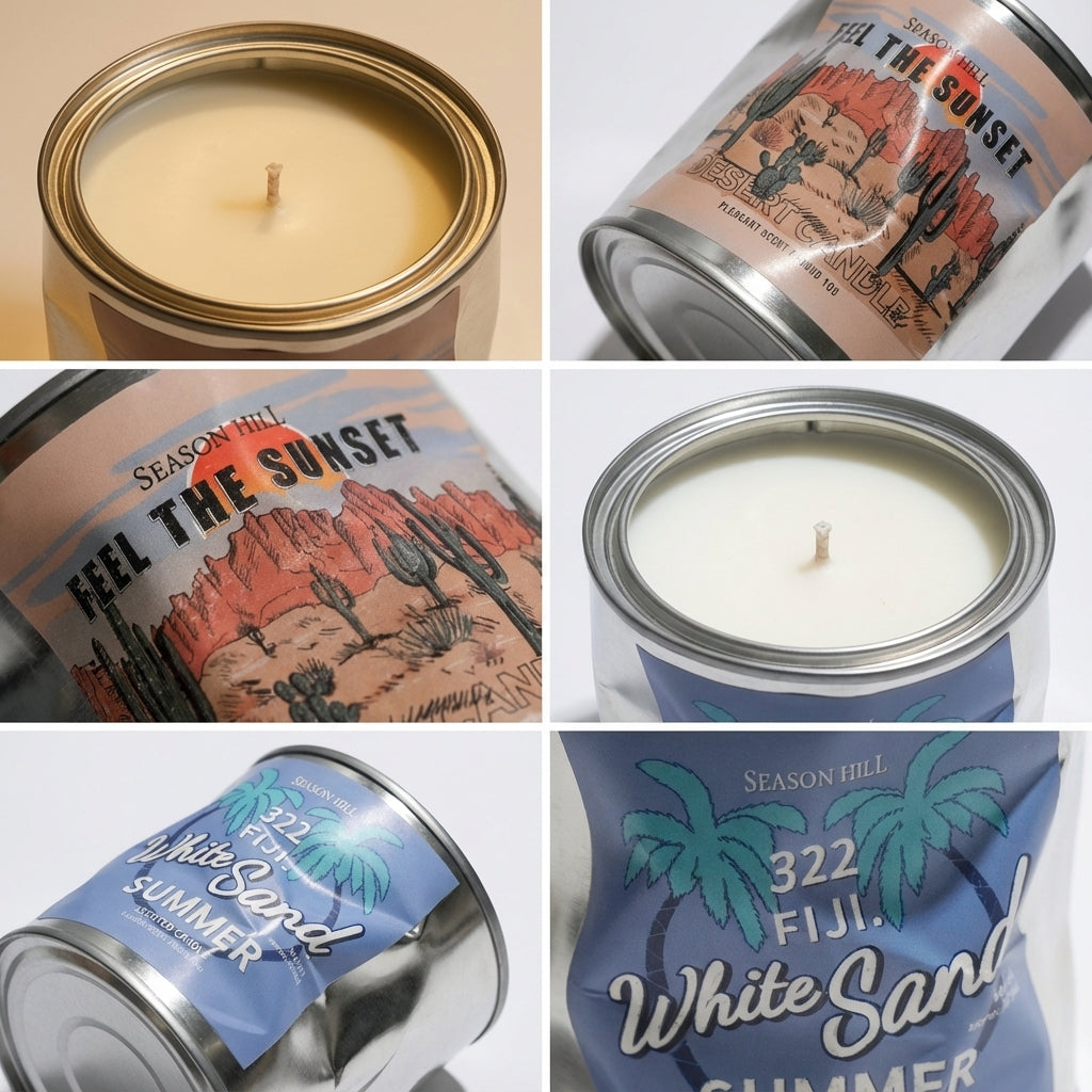 Scented Candles Set, Fiji White Sand Summer and Feel The Sunset Desert Candle, Metal Tin Container, Home Fragrance Collection, Gift Present (Both)