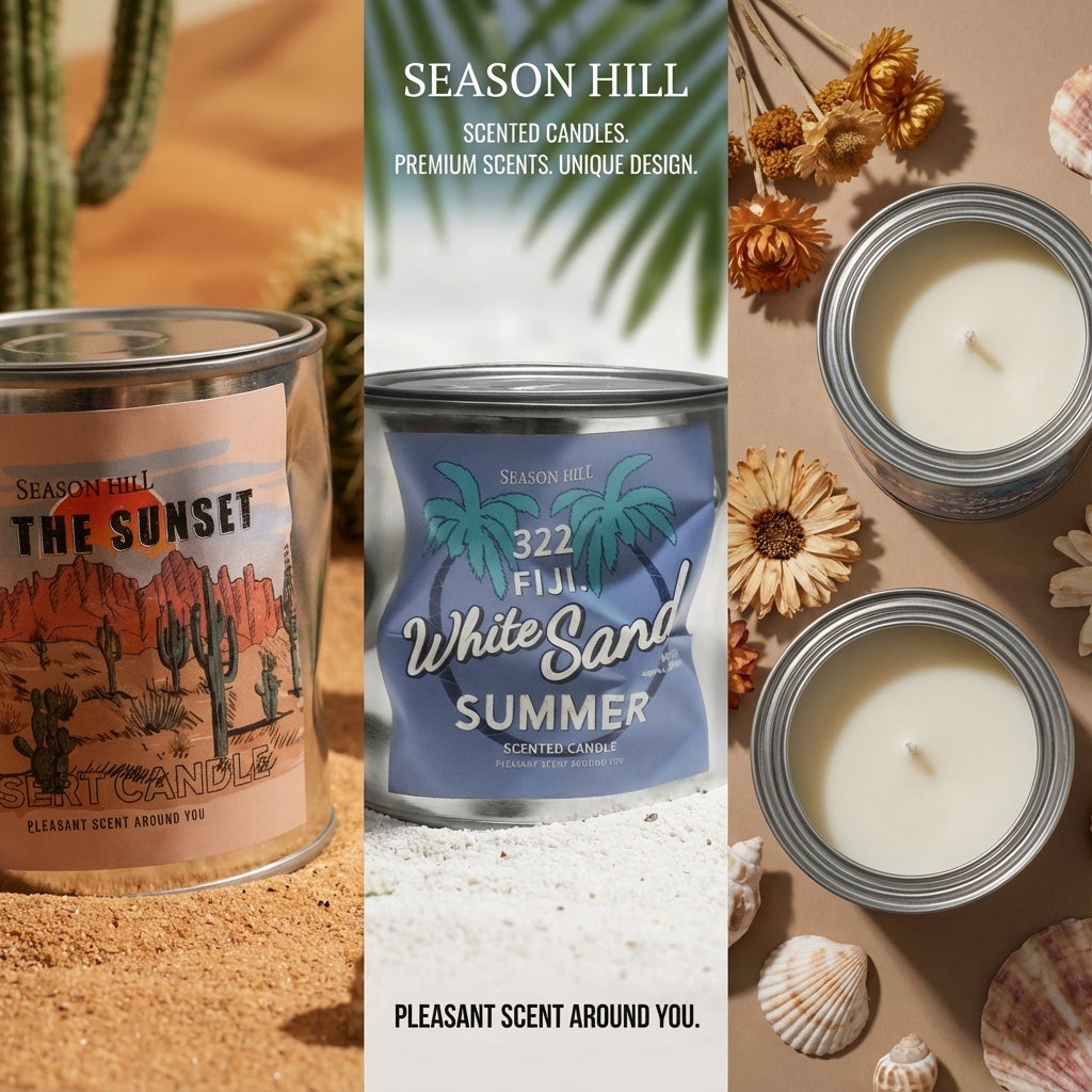 Scented Candles Set, Fiji White Sand Summer and Feel The Sunset Desert Candle, Metal Tin Container, Home Fragrance Collection, Gift Present (Both)