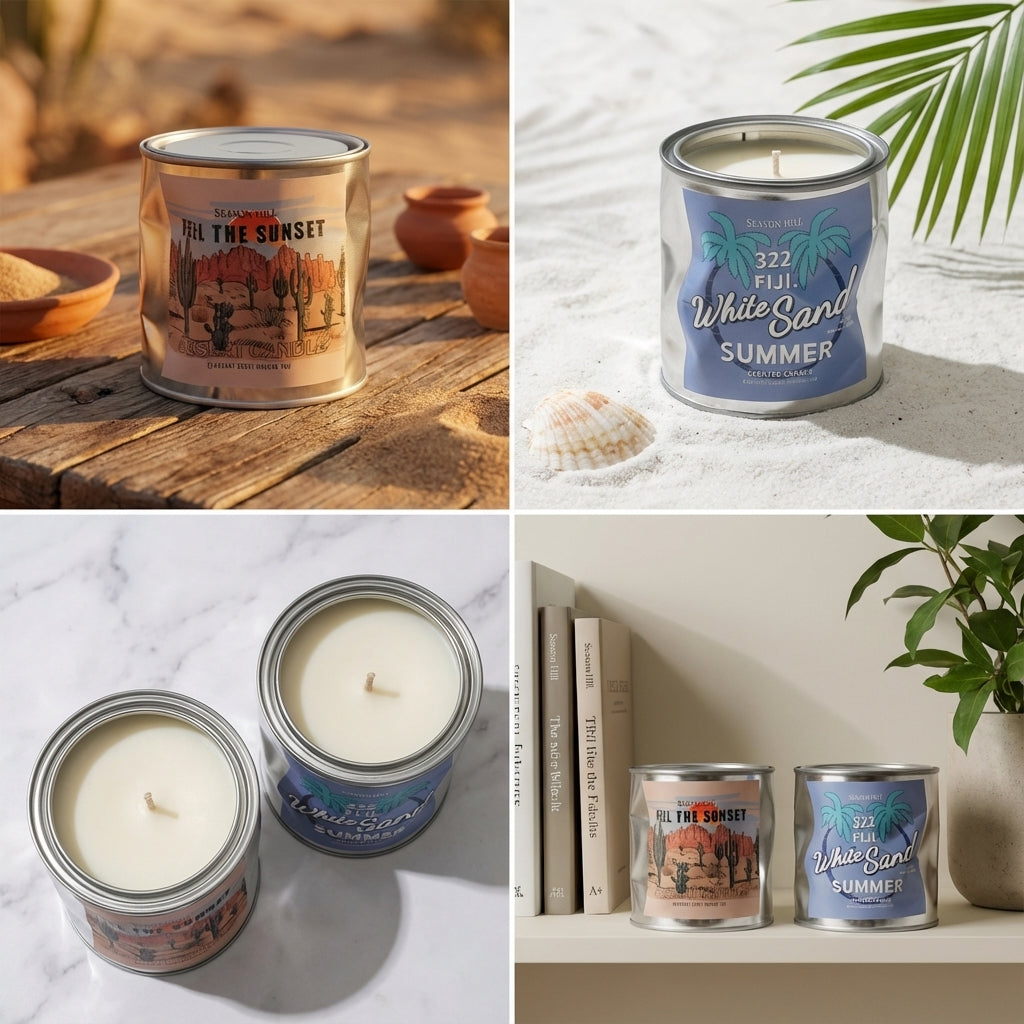 Scented Candles Set, Fiji White Sand Summer and Feel The Sunset Desert Candle, Metal Tin Container, Home Fragrance Collection, Gift Present (Both)