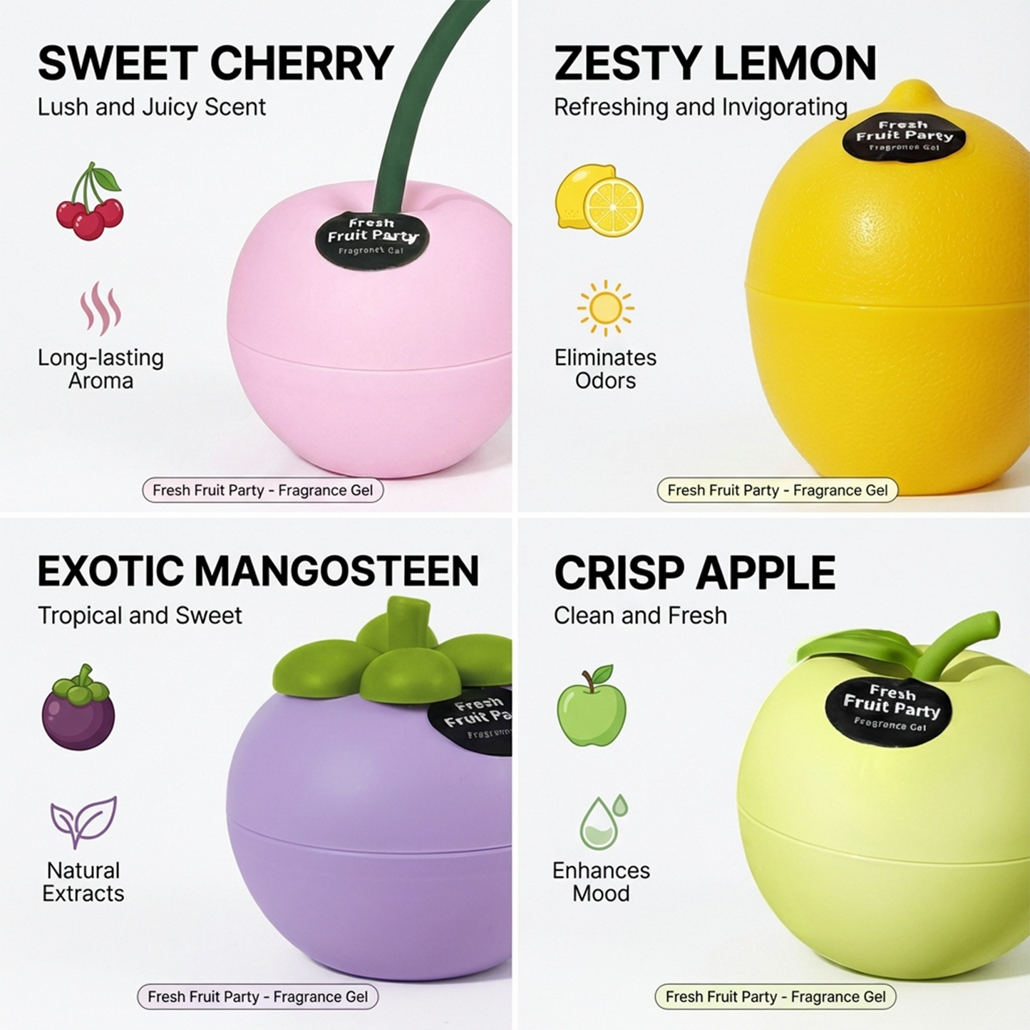 Fruit Party Fragrance Gel Air Freshener, Fruit-Shaped Containers, Home and Car Deodorizer (4 Colors)