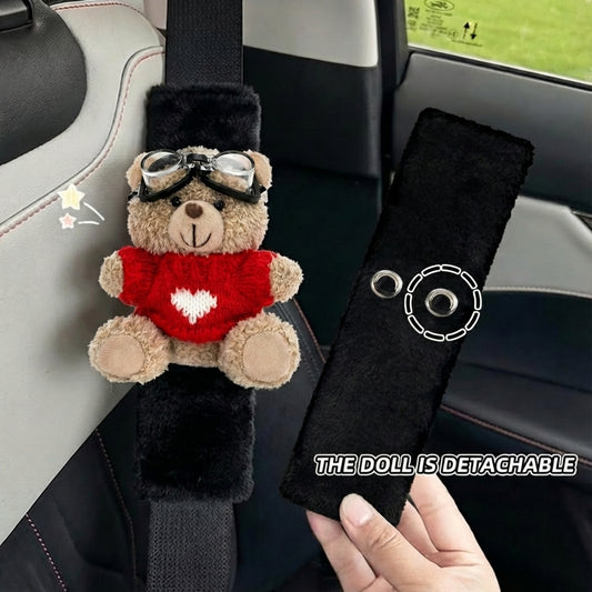 JoyKey Cute Bear Plush Seat Belt Strap Cover(Black Rabbit Fur Heart (2PC))