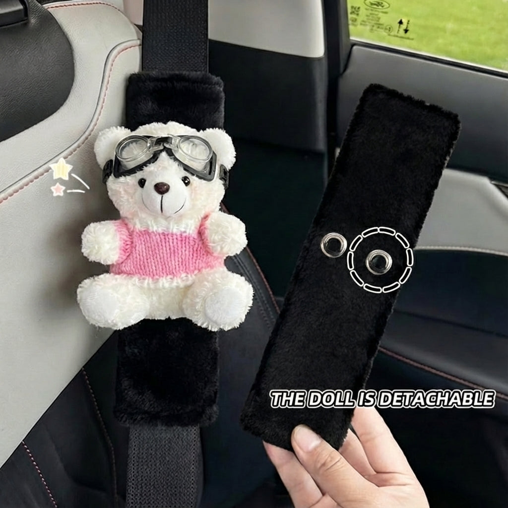 JoyKey Cute Bear Plush Seat Belt Strap Cover(Black Rabbit Fur Pink (2PC))