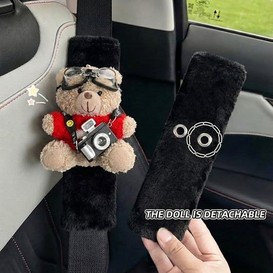 JoyKey Cute Bear Plush Seat Belt Strap Cover(Black Rabbit Fur Camera (2PC))