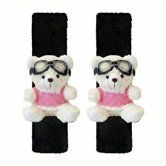 JoyKey Cute Bear Plush Seat Belt Strap Cover(Black Rabbit Fur Pink (2PC))